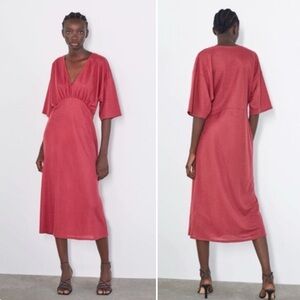 Zara Red Midi Dress with Kimono Sleeve and Empire Waist